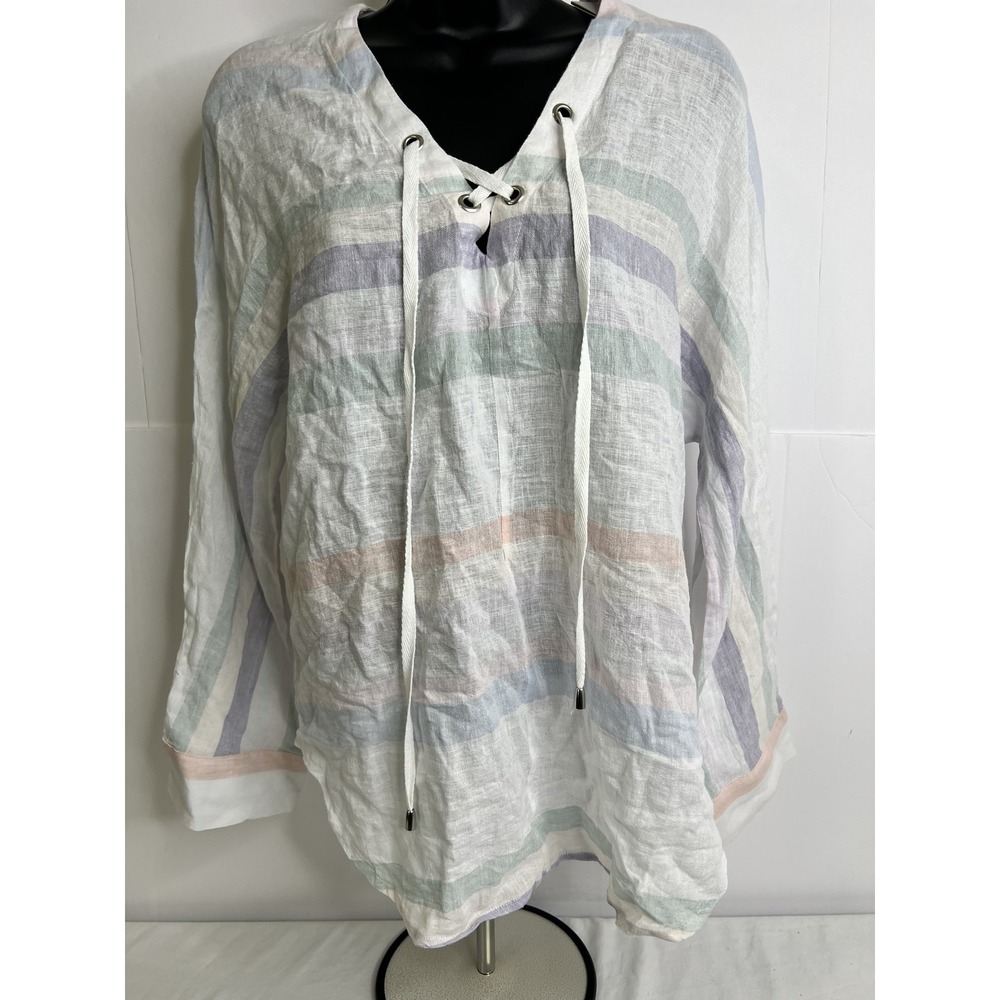 Rails Pullover Womens Small Seychelles Stripe Linen Blend Hooded Lace Up Top NWT